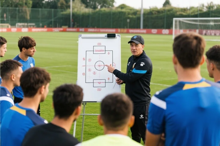 足球教练在战术板上讲解越位战术，球员们专注聆听，背景为训练场